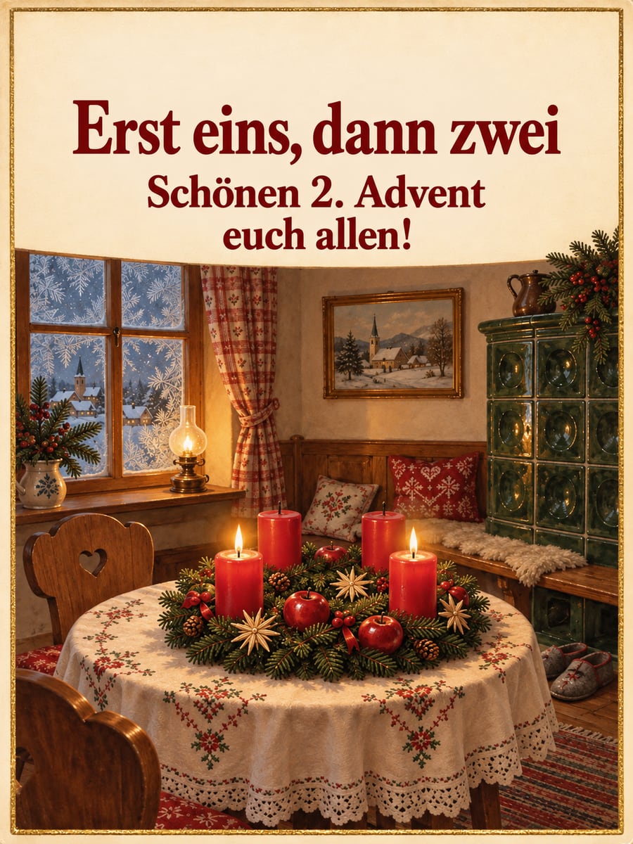 Bild zum 2. Advent mit dem Text „Erst eins, dann zwei“ und „Schönen 2. Advent euch allen!“ – Motiv: Kachelofen, Stube, Adventskranz, Postkarte