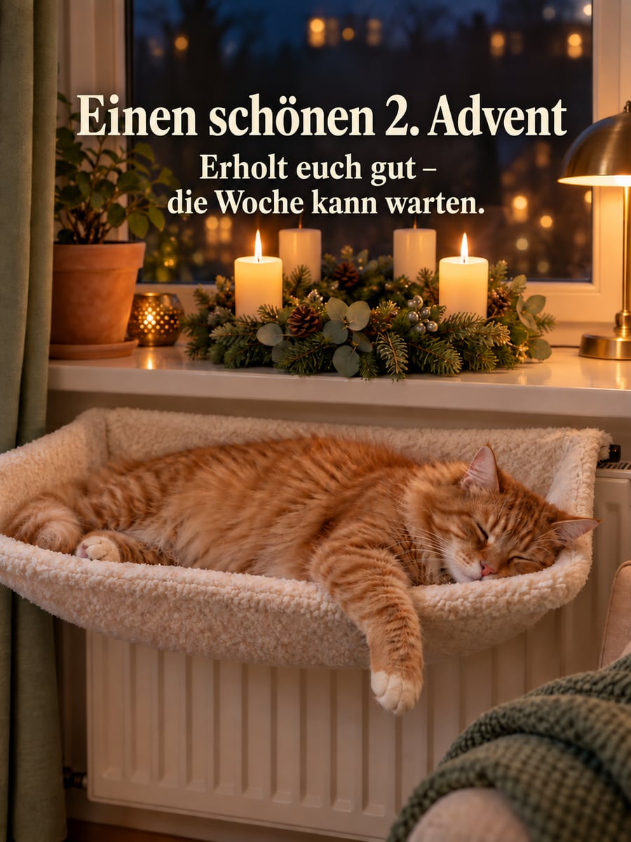 Bild zum 2. Advent mit dem Text „Einen schönen 2. Advent“ und „Erholt euch gut – die Woche kann warten.“ – Motiv: Katze, Heizungsliege, Adventskranz, Ausruhen