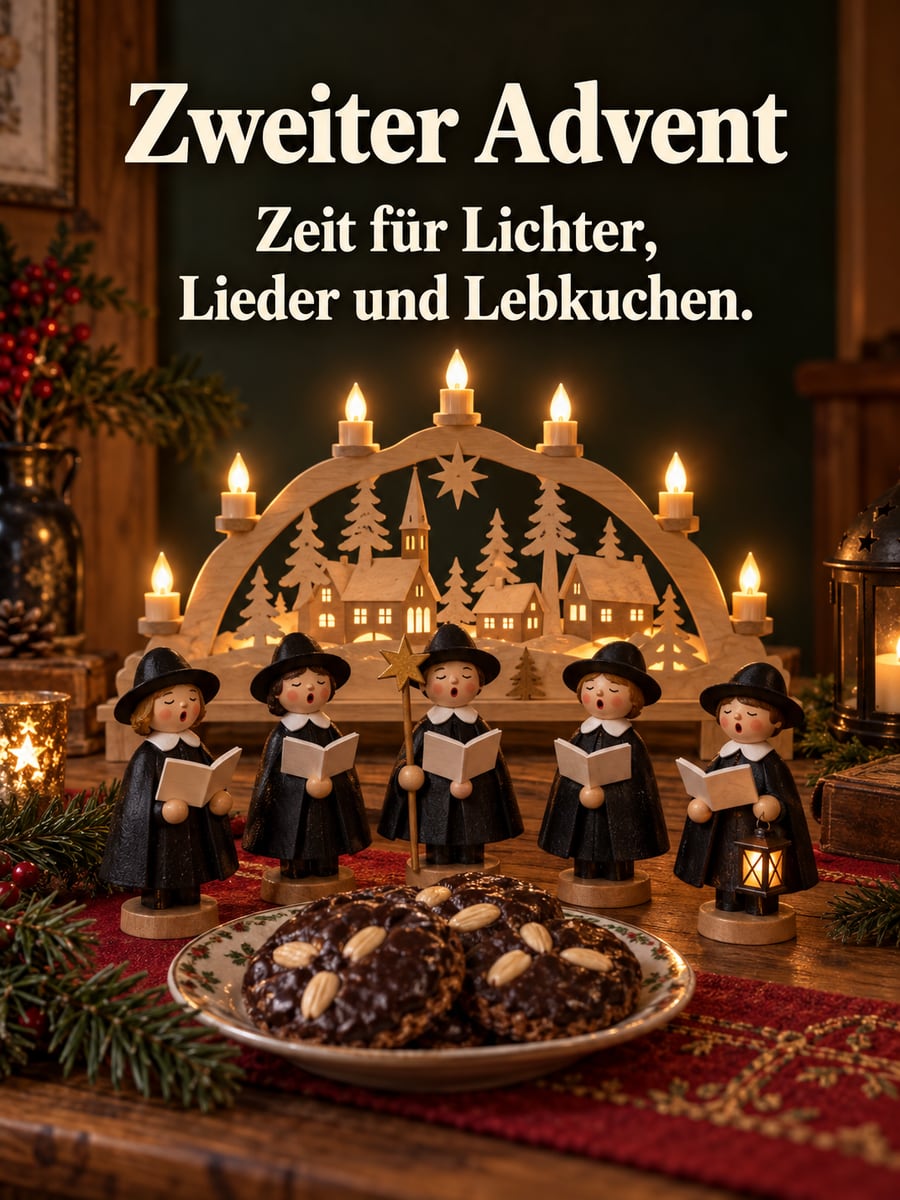 Bild zum 2. Advent mit dem Text „Zweiter Advent“ und „Zeit für Lichter, Lieder und Lebkuchen.“ – Motiv: Kurrende, Schwibbogen, Lebkuchen, Erzgebirge