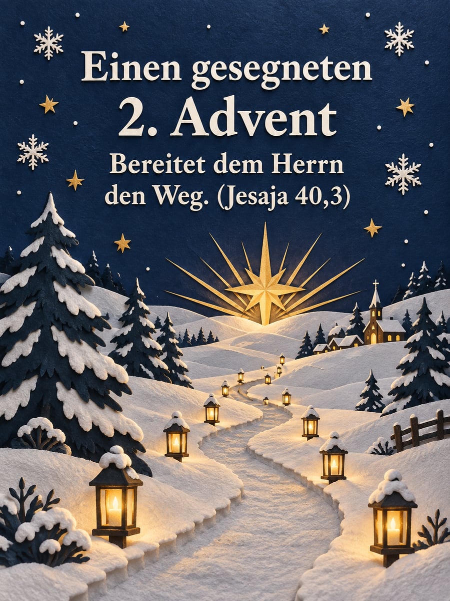 Bild zum 2. Advent mit dem Text „Einen gesegneten 2. Advent“ und „Bereitet dem Herrn den Weg. (Jesaja 40,3)“ – Motiv: Laternen, Weg, Stern, Scherenschnitt