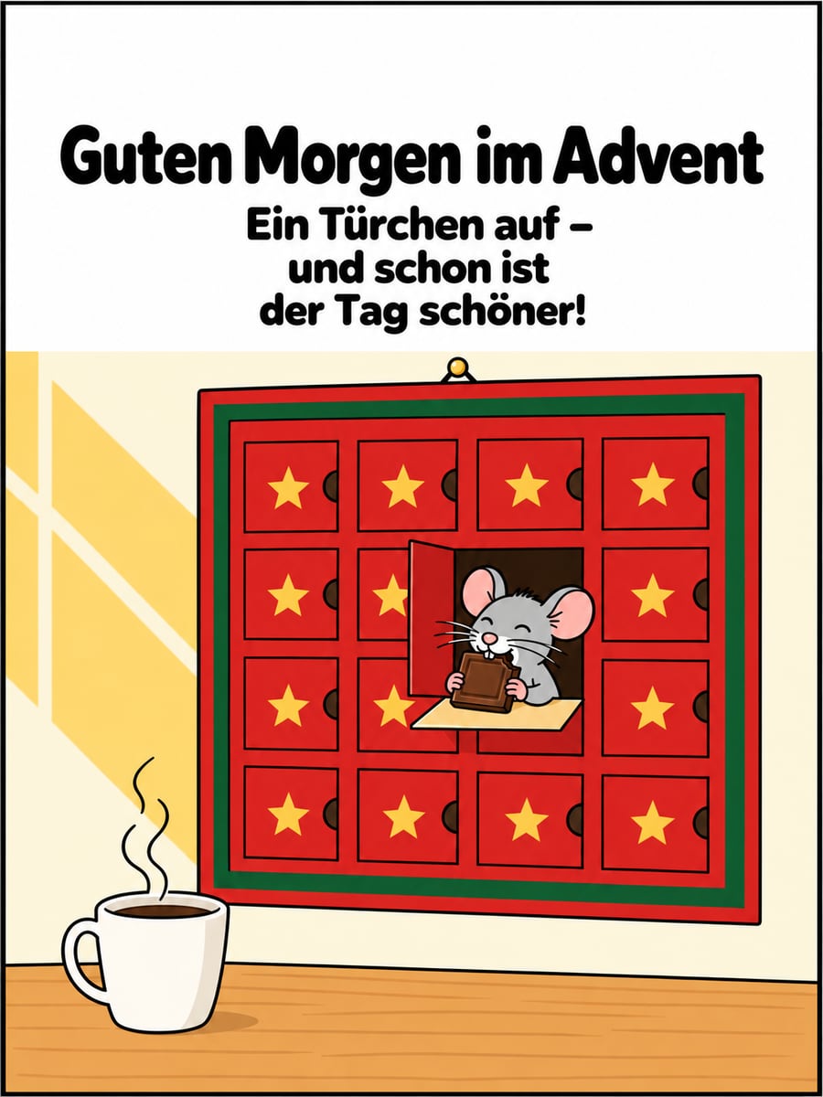 Bild zum 2. Advent mit dem Text „Guten Morgen im Advent“ und „Ein Türchen auf – und schon ist der Tag schöner!“ – Motiv: Maus, Adventskalender, Schokolade, Morgen