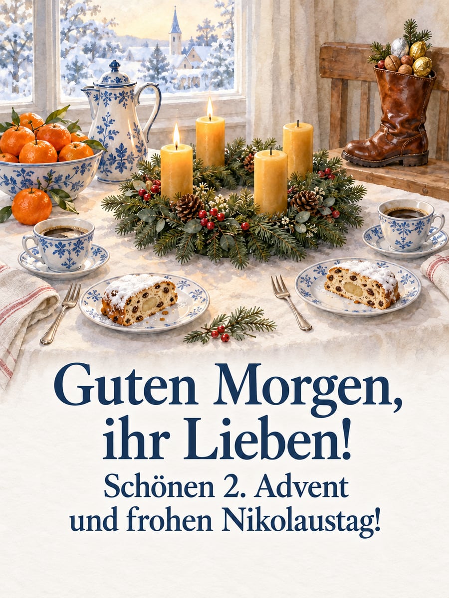 Bild zum 2. Advent und Nikolaustag mit dem Text „Guten Morgen, ihr Lieben!“ und „Schönen 2. Advent und frohen Nikolaustag!“ – Motiv: Adventskranz, Frühstück, Stollen, Nikolausstiefel