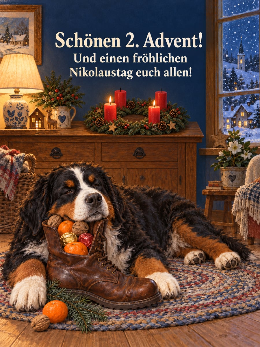 Bild zum 2. Advent und Nikolaustag mit dem Text „Schönen 2. Advent!“ und „Und einen fröhlichen Nikolaustag euch allen!“ – Motiv: Hund, Berner Sennenhund, Adventskranz, Nikolausstiefel