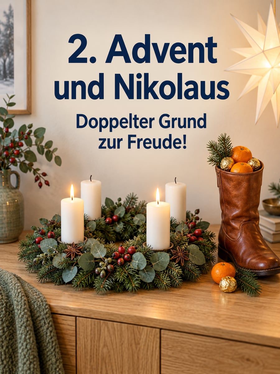 Bild zum 2. Advent und Nikolaustag mit dem Text „2. Advent und Nikolaus“ und „Doppelter Grund zur Freude!“ – Motiv: Adventskranz, Adventsstern, Nikolausstiefel, Hagebutten