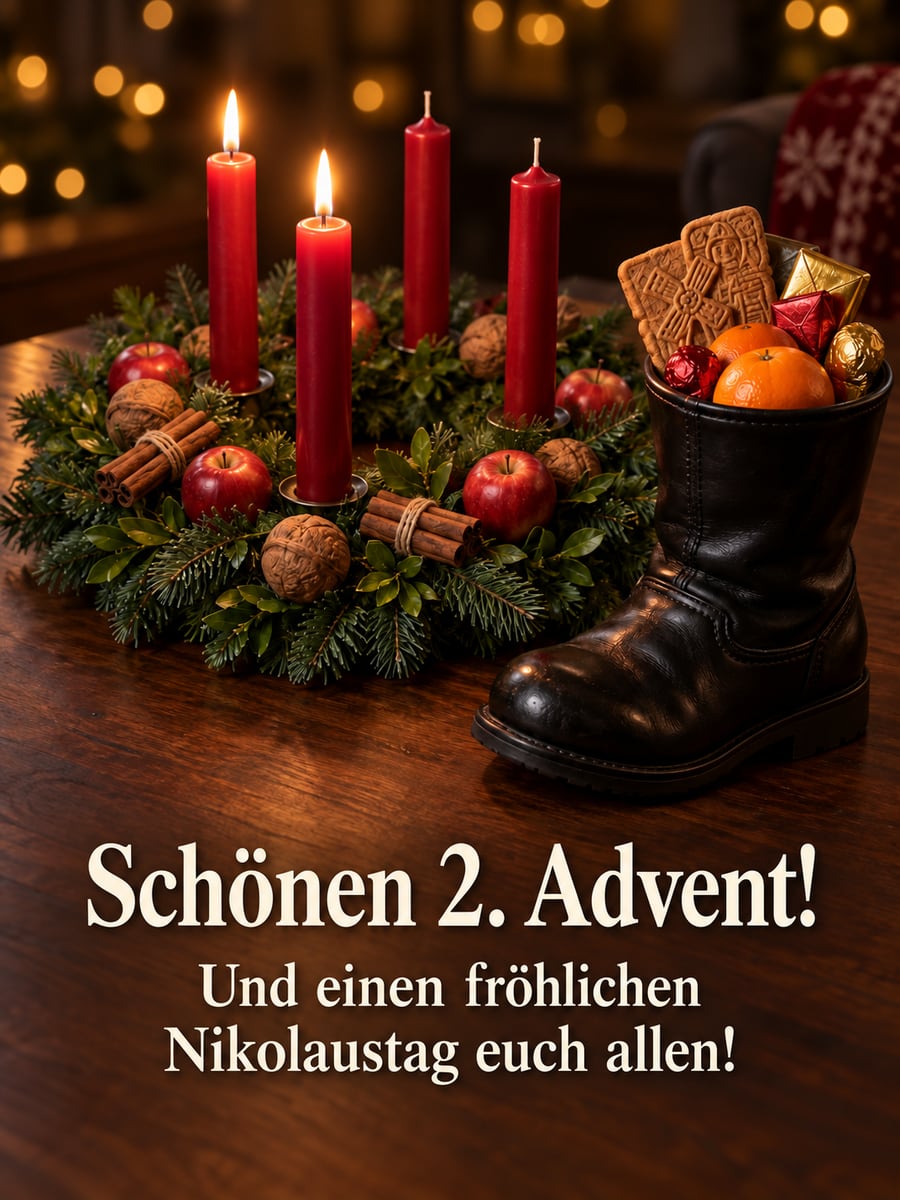 Bild zum 2. Advent und Nikolaustag mit dem Text „Schönen 2. Advent!“ und „Und einen fröhlichen Nikolaustag euch allen!“ – Motiv: Adventskranz, Nikolausstiefel, Kerzen, Spekulatius