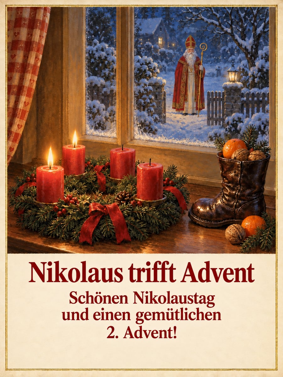Bild zum 2. Advent und Nikolaustag mit dem Text „Nikolaus trifft Advent“ und „Schönen Nikolaustag und einen gemütlichen 2. Advent!“ – Motiv: Adventskranz, Nikolaus, Bischof, Fensterbank