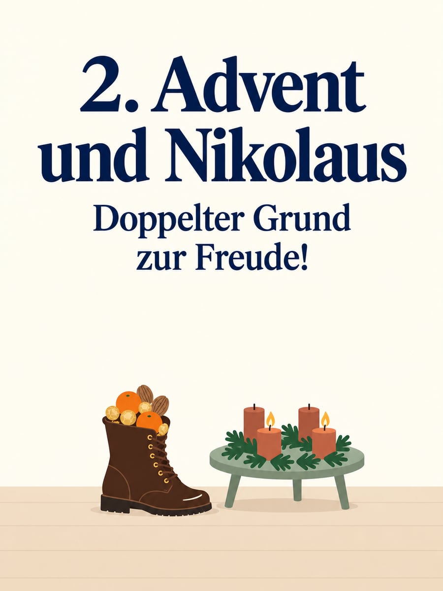 Bild zum 2. Advent und Nikolaustag mit dem Text „2. Advent und Nikolaus“ und „Doppelter Grund zur Freude!“ – Motiv: Nikolausstiefel, Adventskranz, Mandarinen, Walnüsse