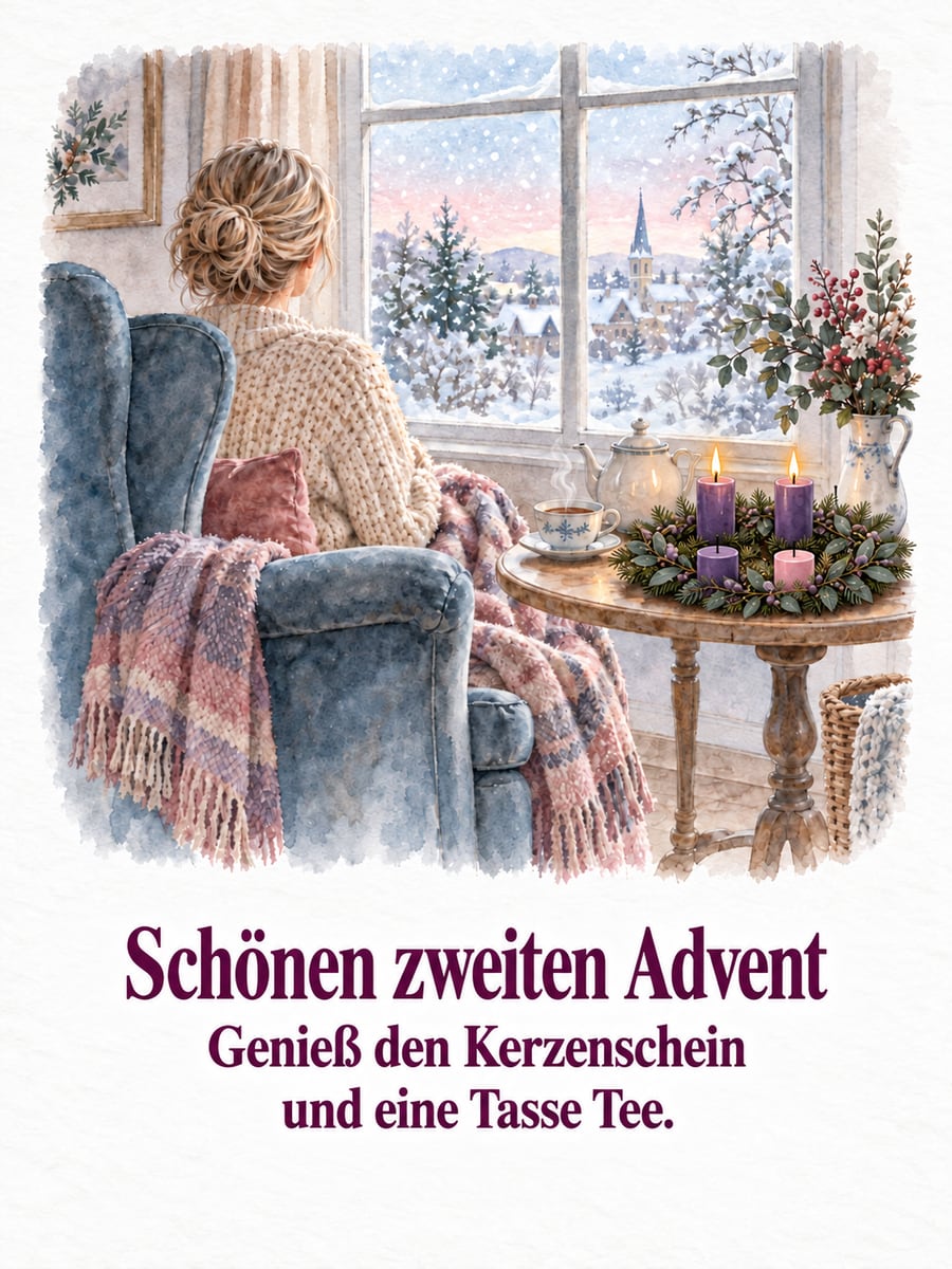 Bild zum 2. Advent mit dem Text „Schönen zweiten Advent“ und „Genieß den Kerzenschein und eine Tasse Tee.“ – Motiv: Tee, Ohrensessel, Adventskranz, lila Kerzen