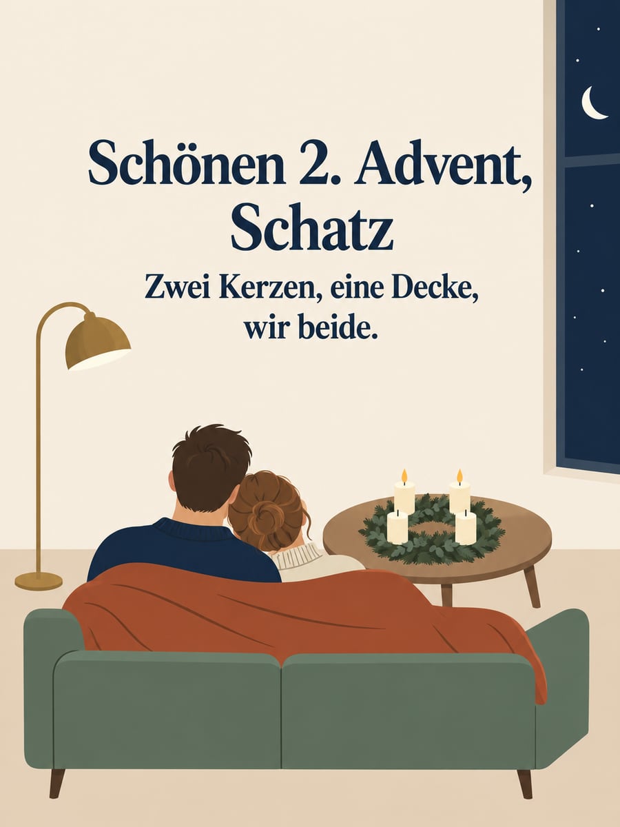 Bild zum 2. Advent mit dem Text „Schönen 2. Advent, Schatz“ und „Zwei Kerzen, eine Decke, wir beide.“ – Motiv: Paar, Sofa, Decke, Adventskranz
