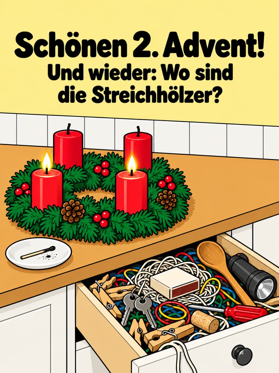 Bild zum 2. Advent mit dem Text „Schönen 2. Advent!“ und „Und wieder: Wo sind die Streichhölzer?“ – Motiv: Streichhölzer, Schublade, Adventskranz, Chaos