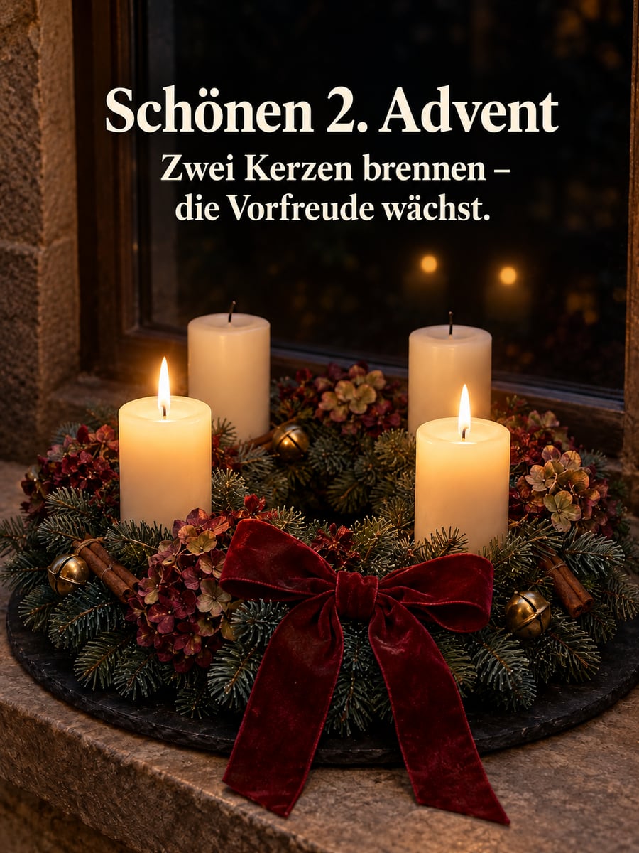 Bild zum 2. Advent mit dem Text „Schönen 2. Advent“ und „Zwei Kerzen brennen – die Vorfreude wächst.“ – Motiv: Adventskranz, Kerzen, Silbertanne, Samtschleife