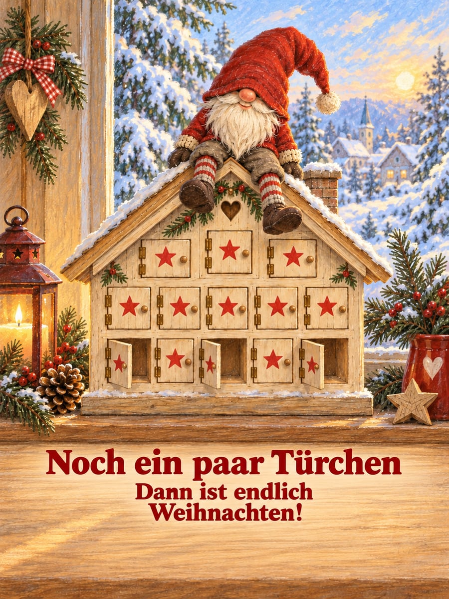 Bild zum 2. Advent mit dem Text „Noch ein paar Türchen“ und „Dann ist endlich Weihnachten!“ – Motiv: Wichtel, Adventskalender, Türchen, Fensterbank