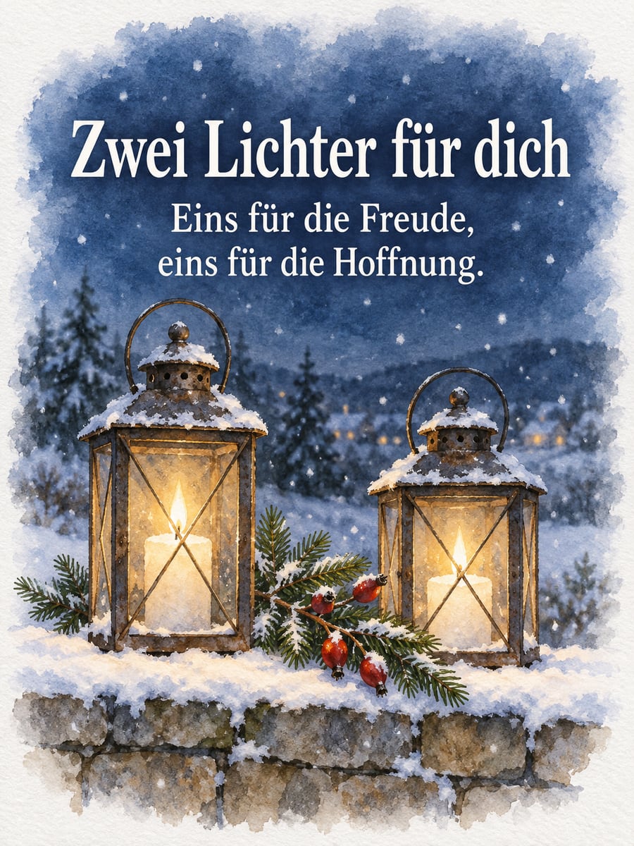 Bild zum 2. Advent mit dem Text „Zwei Lichter für dich“ und „Eins für die Freude, eins für die Hoffnung.“ – Motiv: Laternen, Kerzen, Schnee, Aquarell