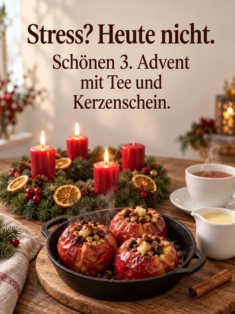 Bild zum 3. Advent mit dem Text „Stress? Heute nicht.“ und „Schönen 3. Advent mit Tee und Kerzenschein.“ – Motiv: Bratapfel, Vanillesoße, Adventskranz, Kerzenschein