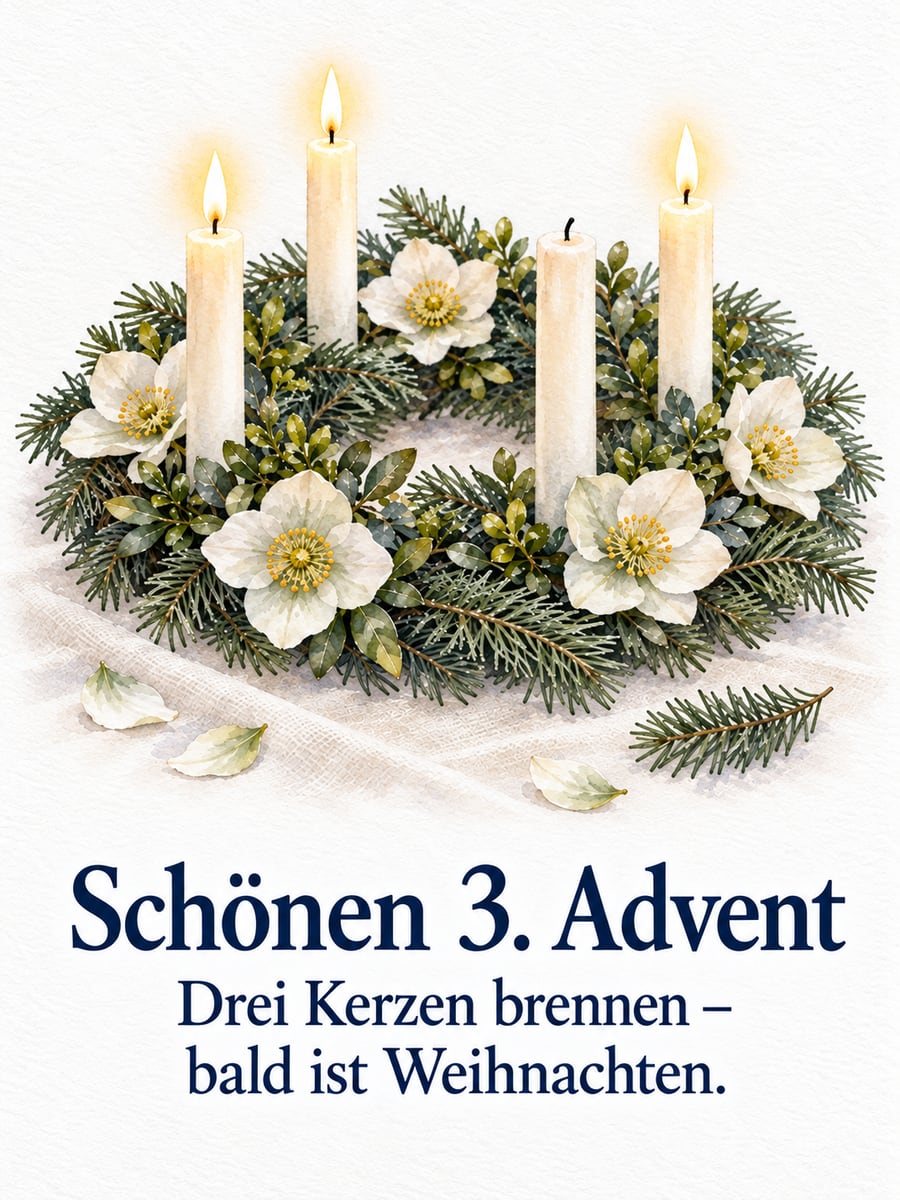 Bild zum 3. Advent mit dem Text „Schönen 3. Advent“ und „Drei Kerzen brennen – bald ist Weihnachten.“ – Motiv: Christrose, Adventskranz, Kerze