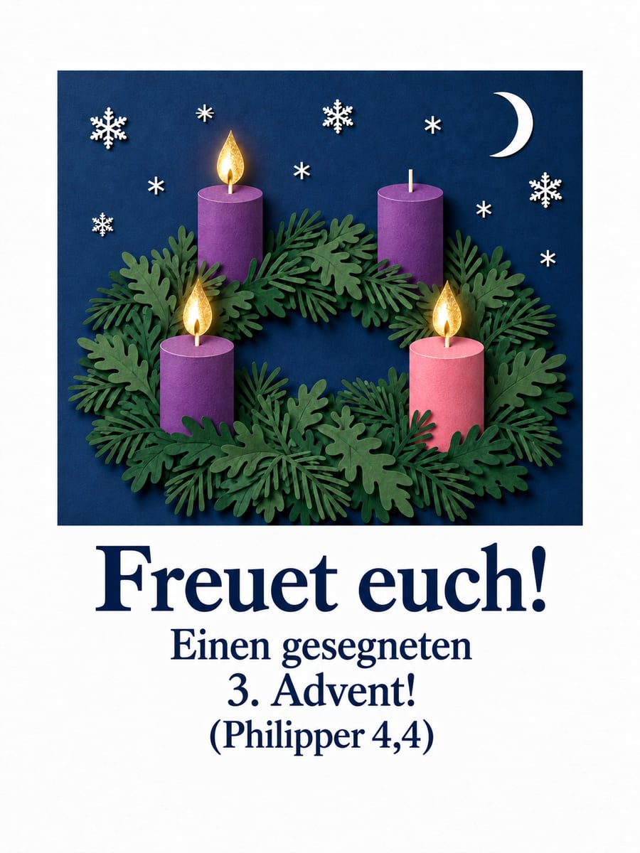 Bild zum 3. Advent mit dem Text „Freuet euch!“ und „Einen gesegneten 3. Advent! (Philipper 4,4)“ – Motiv: Adventskranz, rosa Kerze, Gaudete, Scherenschnitt