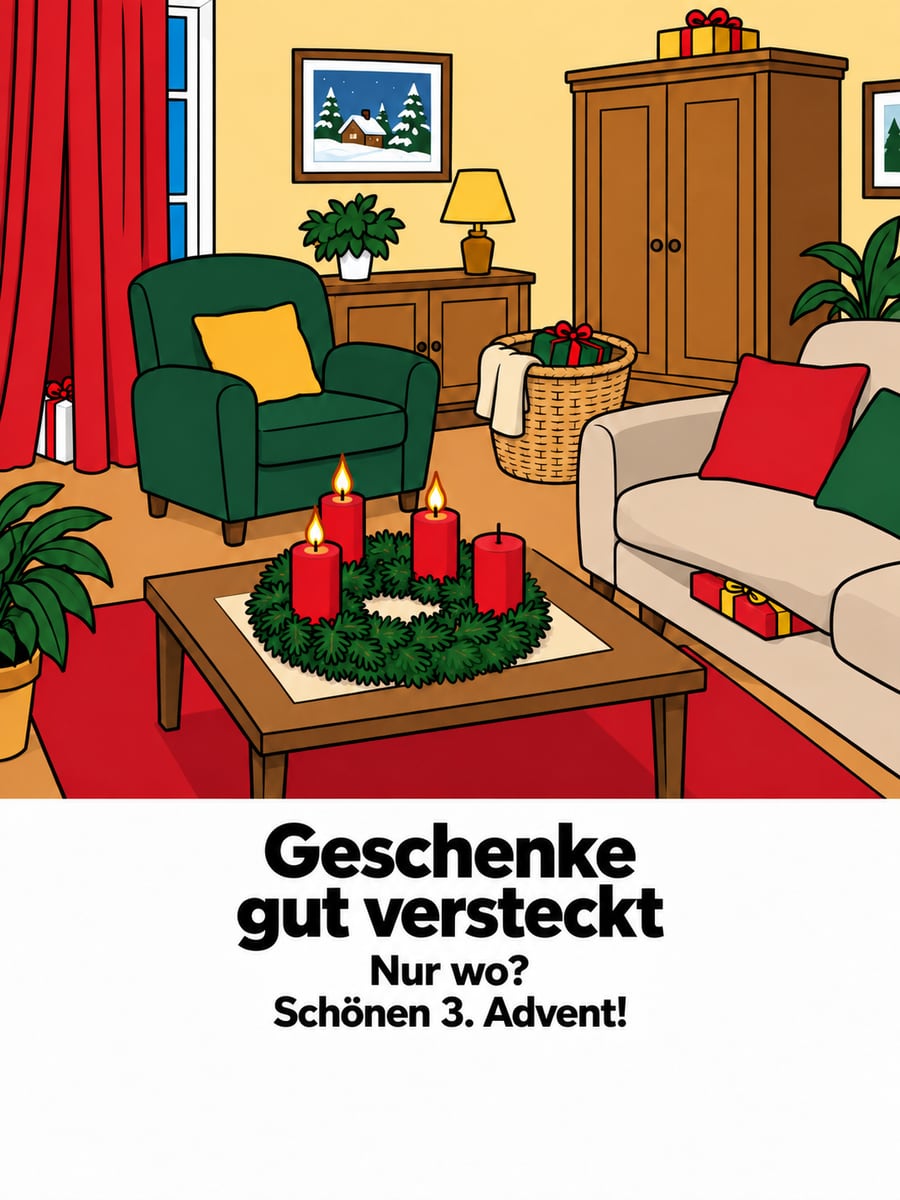 Bild zum 3. Advent mit dem Text „Geschenke gut versteckt“ und „Nur wo? Schönen 3. Advent!“ – Motiv: Geschenke, Versteck, Adventskranz, Wohnzimmer