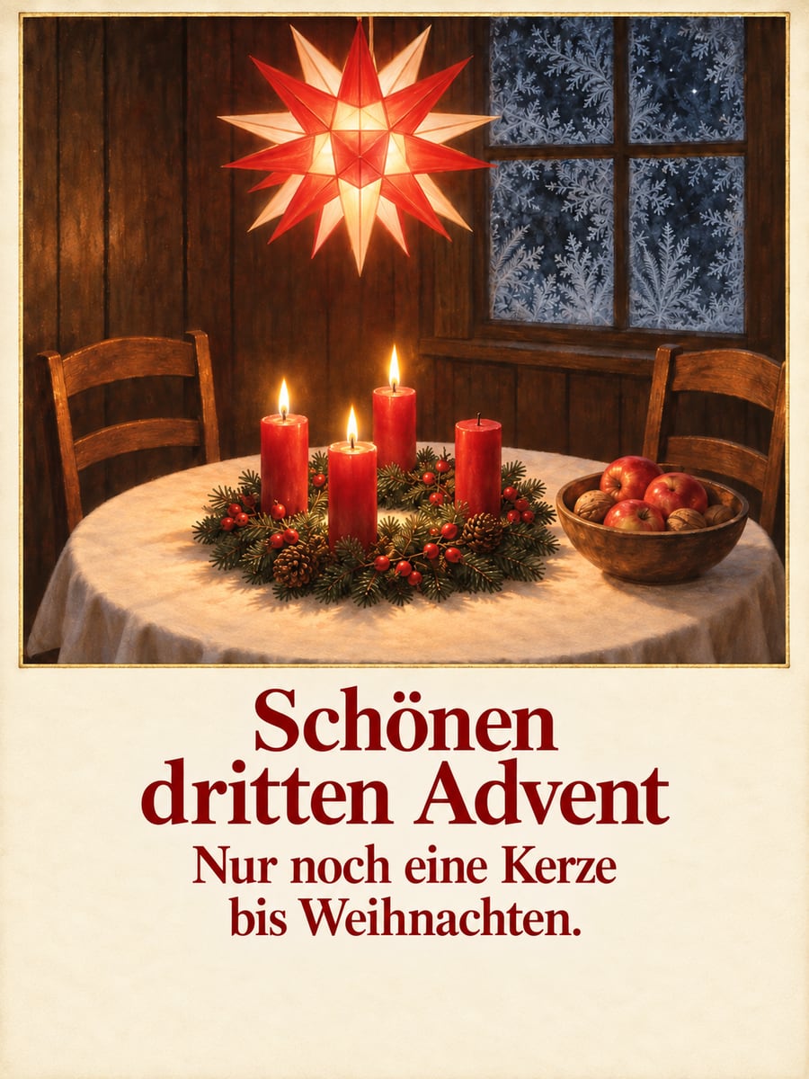 Bild zum 3. Advent mit dem Text „Schönen dritten Advent“ und „Nur noch eine Kerze bis Weihnachten.“ – Motiv: Herrnhuter Stern, Adventskranz, Äpfel, Walnüsse