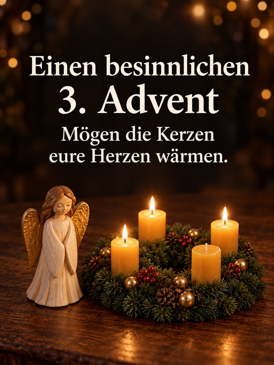 Bild zum 3. Advent mit dem Text „Einen besinnlichen 3. Advent“ und „Mögen die Kerzen eure Herzen wärmen.“ – Motiv: Engel, Holzfigur, Adventskranz, Bienenwachskerze