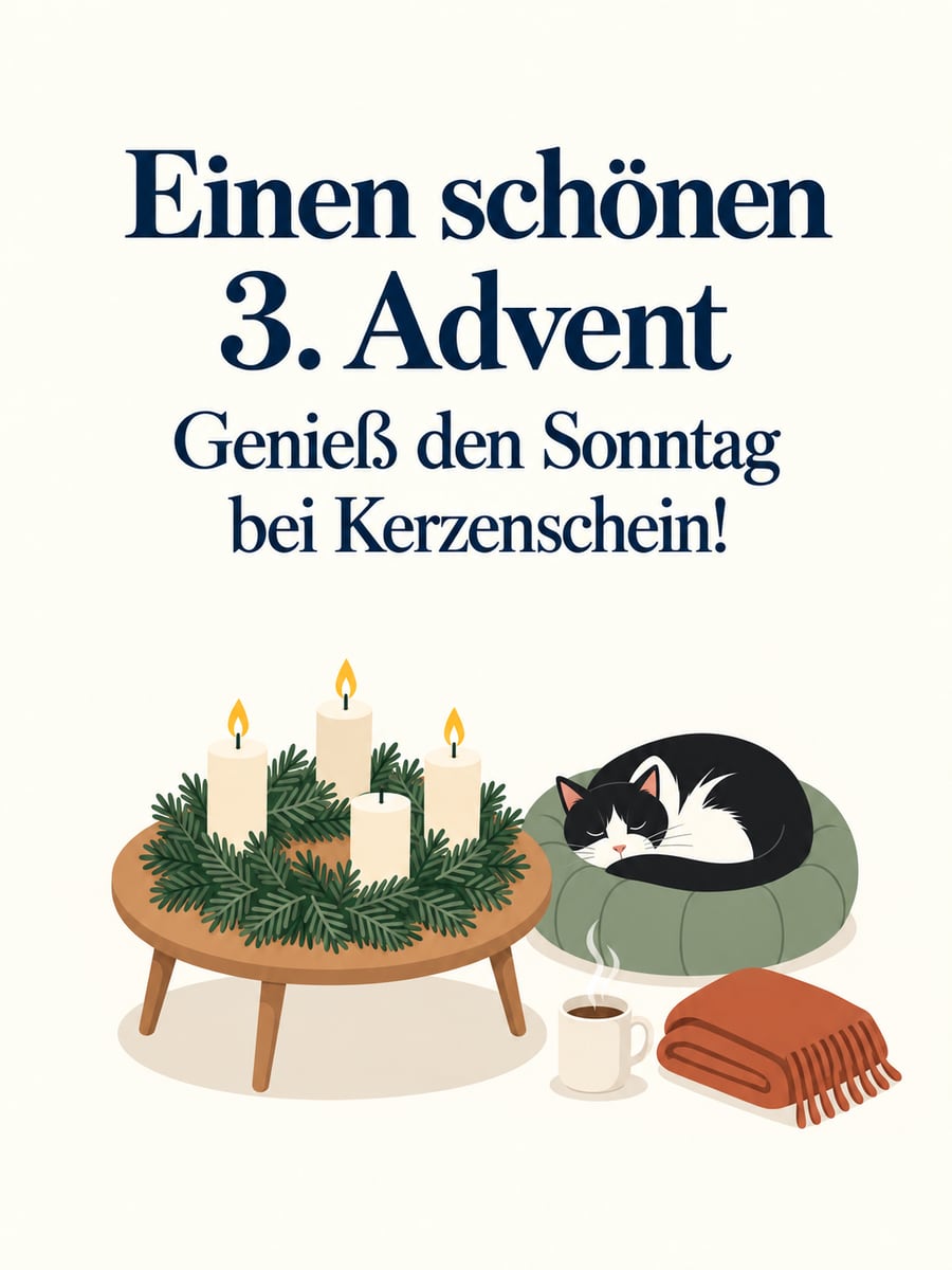 Bild zum 3. Advent mit dem Text „Einen schönen 3. Advent“ und „Genieß den Sonntag bei Kerzenschein!“ – Motiv: Katze, Adventskranz, Tee