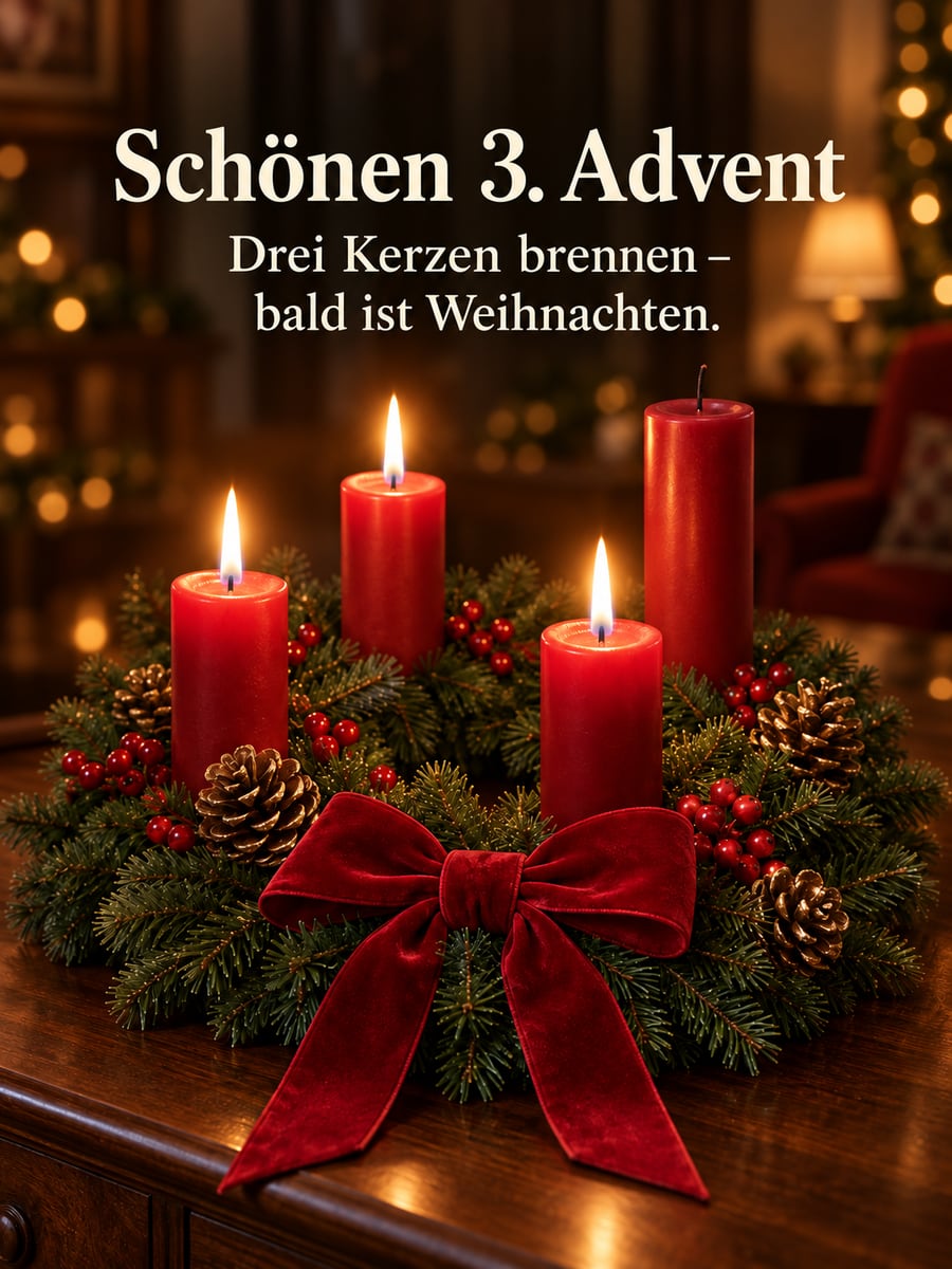 Bild zum 3. Advent mit dem Text „Schönen 3. Advent“ und „Drei Kerzen brennen – bald ist Weihnachten.“ – Motiv: Adventskranz, Kerze, Ilex, Tannenzapfen