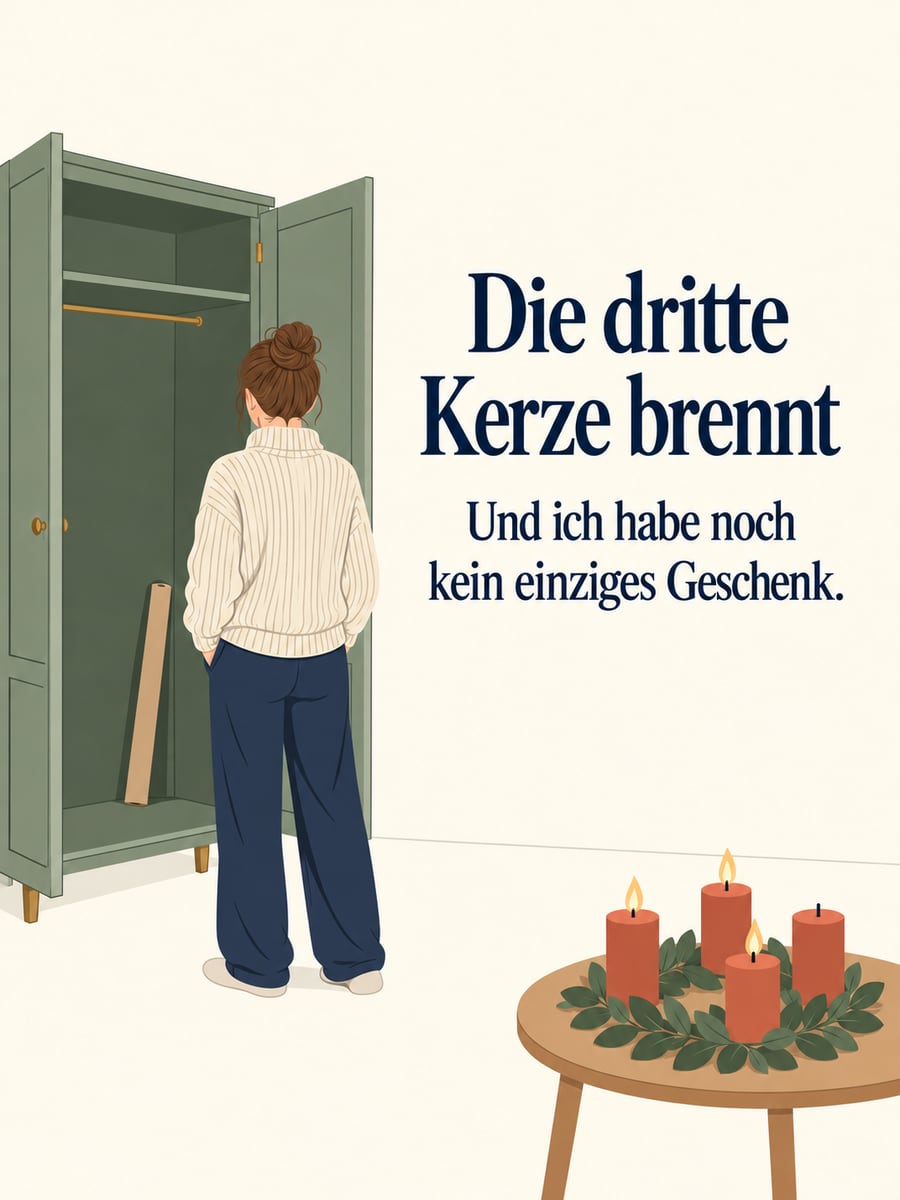 Bild zum 3. Advent mit dem Text „Die dritte Kerze brennt“ und „Und ich habe noch kein einziges Geschenk.“ – Motiv: Kleiderschrank, Geschenkpapier, Adventskranz