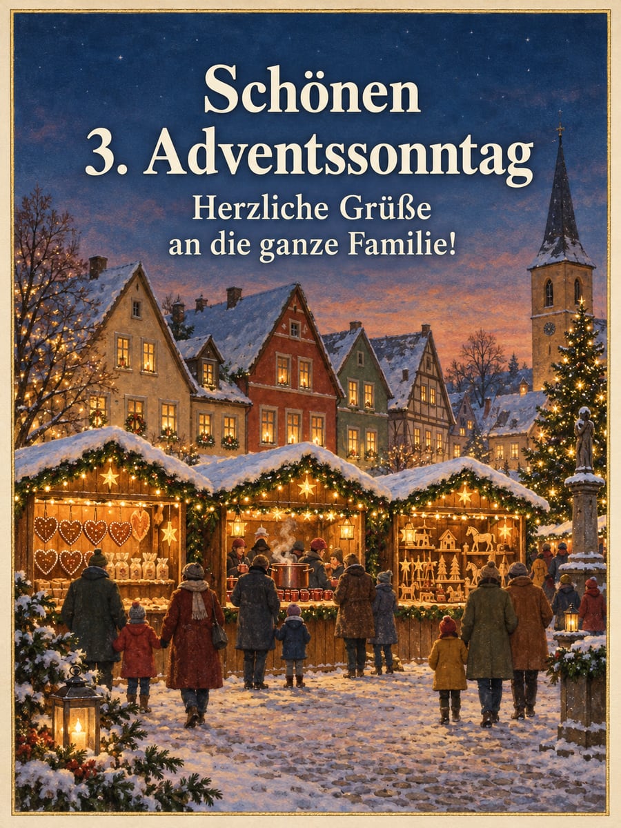 Bild zum 3. Advent mit dem Text „Schönen 3. Adventssonntag“ und „Herzliche Grüße an die ganze Familie!“ – Motiv: Weihnachtsmarkt, Lebkuchenherz, gebrannte Mandeln, Kinderpunsch