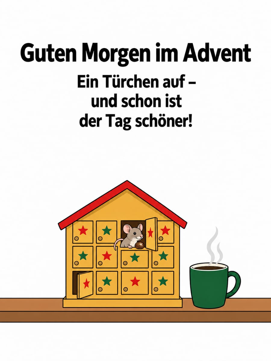 Bild zum 3. Advent mit dem Text „Guten Morgen im Advent“ und „Ein Türchen auf – und schon ist der Tag schöner!“ – Motiv: Maus, Adventskalender, Türchen, Kaffee