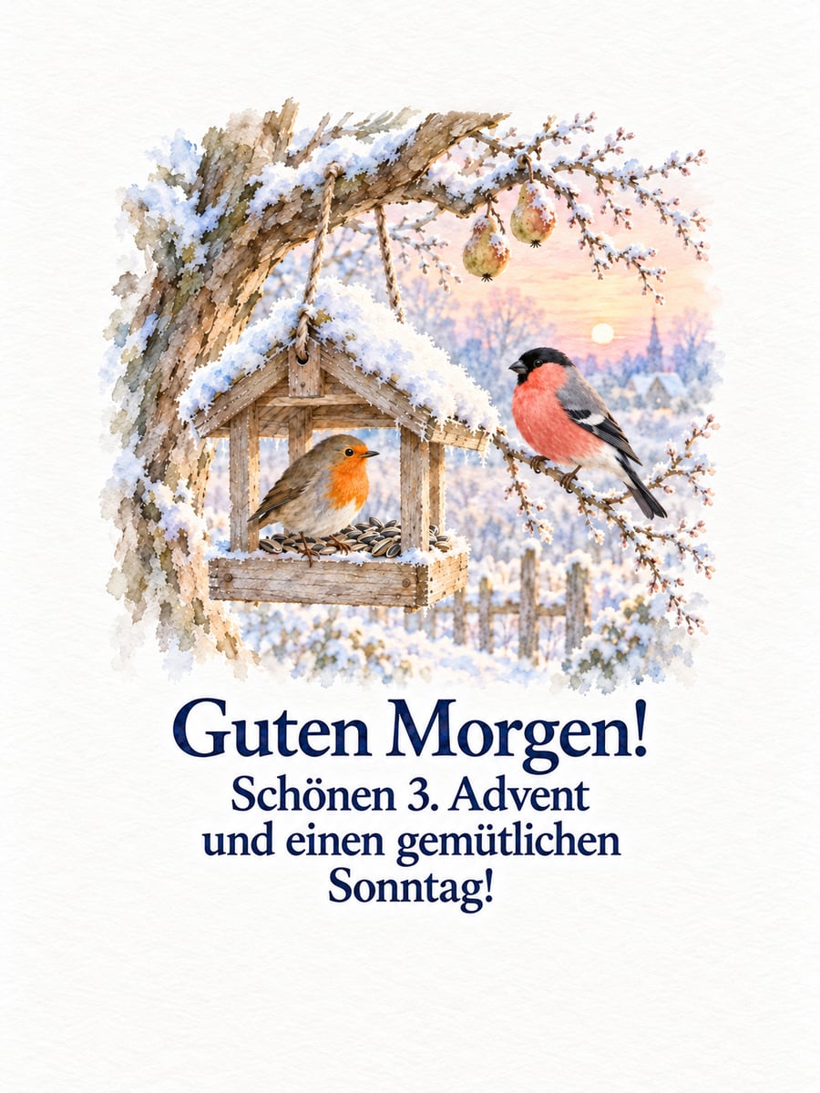 Bild zum 3. Advent mit dem Text „Guten Morgen!“ und „Schönen 3. Advent und einen gemütlichen Sonntag!“ – Motiv: Rotkehlchen, Gimpel, Vogelhäuschen, Raureif