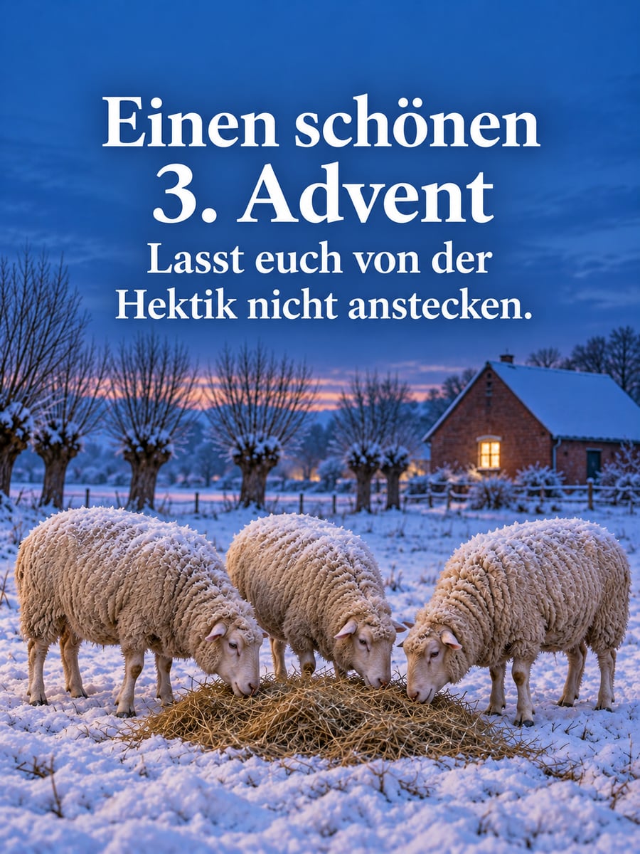 Bild zum 3. Advent mit dem Text „Einen schönen 3. Advent“ und „Lasst euch von der Hektik nicht anstecken.“ – Motiv: Schafe, Schnee, Weide, Winter