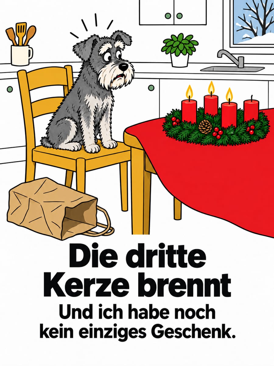Bild zum 3. Advent mit dem Text „Die dritte Kerze brennt“ und „Und ich habe noch kein einziges Geschenk.“ – Motiv: Hund, Schnauzer, Adventskranz, Einkaufstüte