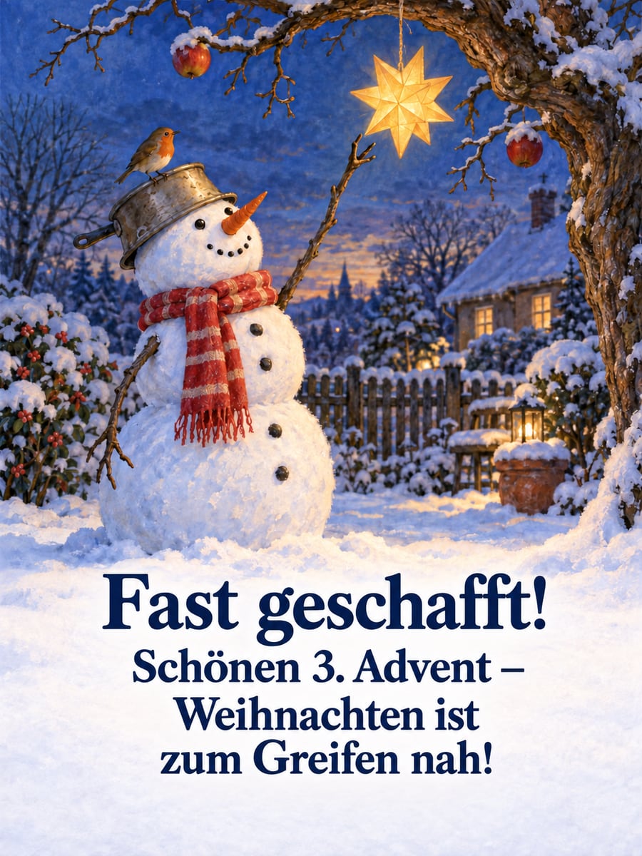 Bild zum 3. Advent mit dem Text „Fast geschafft!“ und „Schönen 3. Advent – Weihnachten ist zum Greifen nah!“ – Motiv: Schneemann, Stern, Rotkehlchen