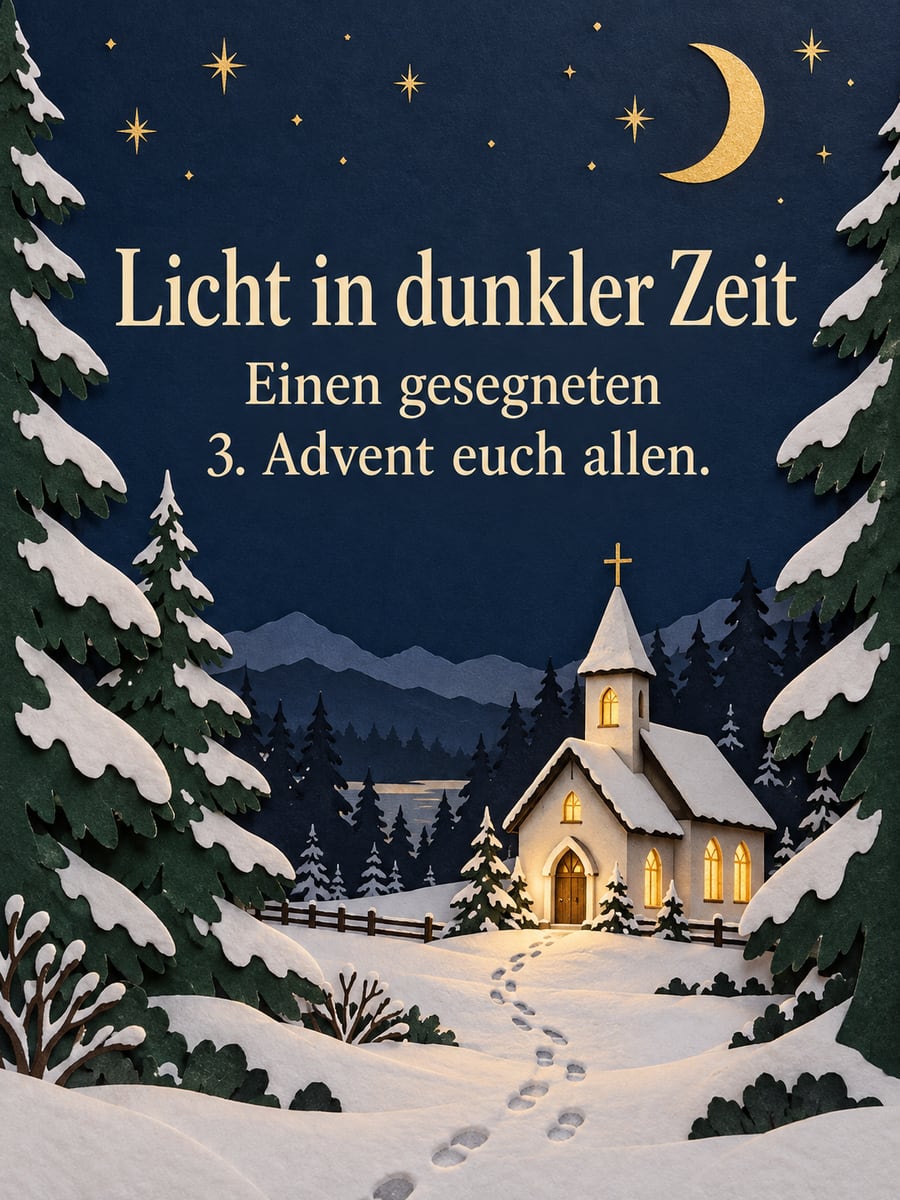 Bild zum 3. Advent mit dem Text „Licht in dunkler Zeit“ und „Einen gesegneten 3. Advent euch allen.“ – Motiv: Kapelle, Winterwald, Schnee, Scherenschnitt