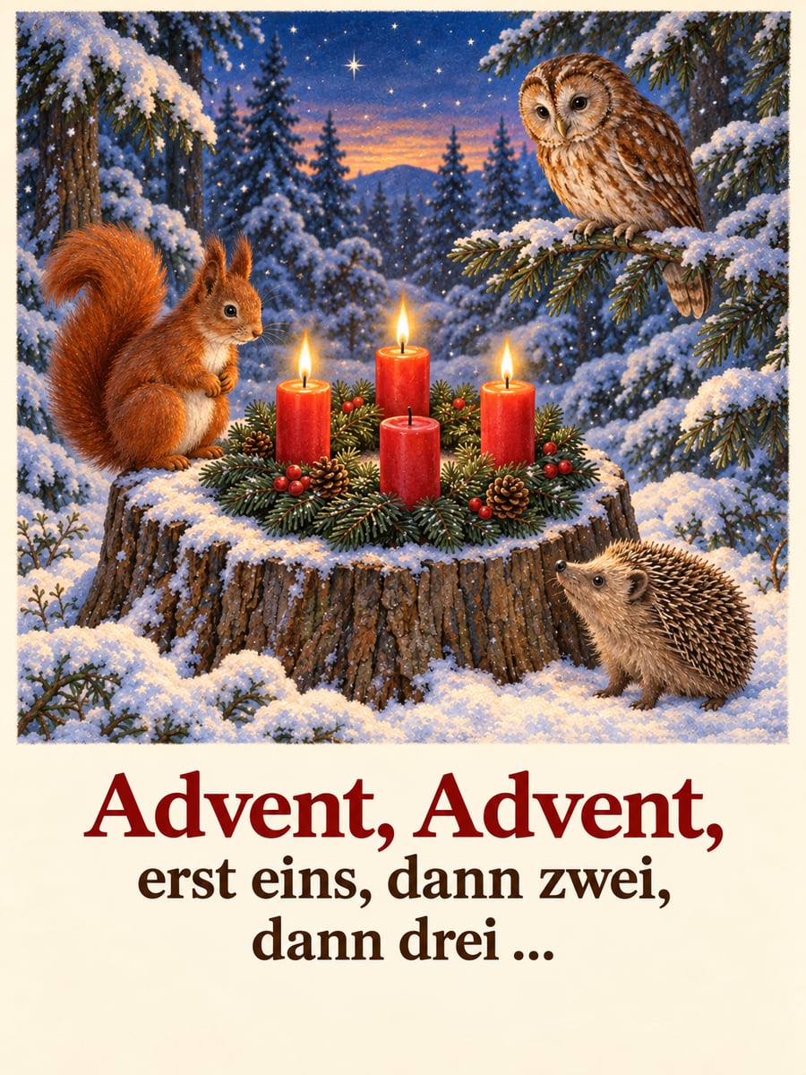Bild zum 3. Advent mit dem Text „Advent, Advent,“ und „erst eins, dann zwei, dann drei …“ – Motiv: Eichhörnchen, Igel, Waldkauz, Adventskranz, Winterwald