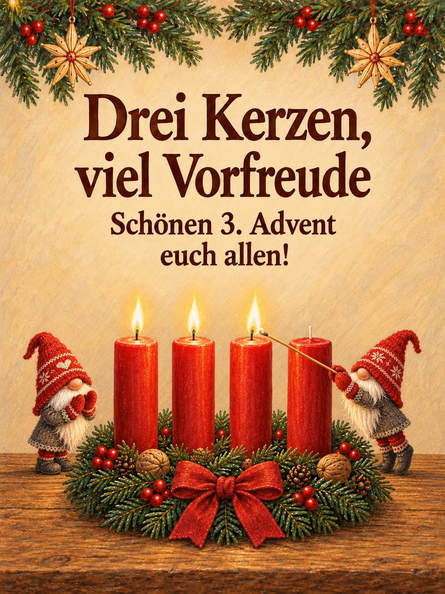 Bild zum 3. Advent mit dem Text „Drei Kerzen, viel Vorfreude“ und „Schönen 3. Advent euch allen!“ – Motiv: Wichtel, Adventskranz, Kerze, Strohstern