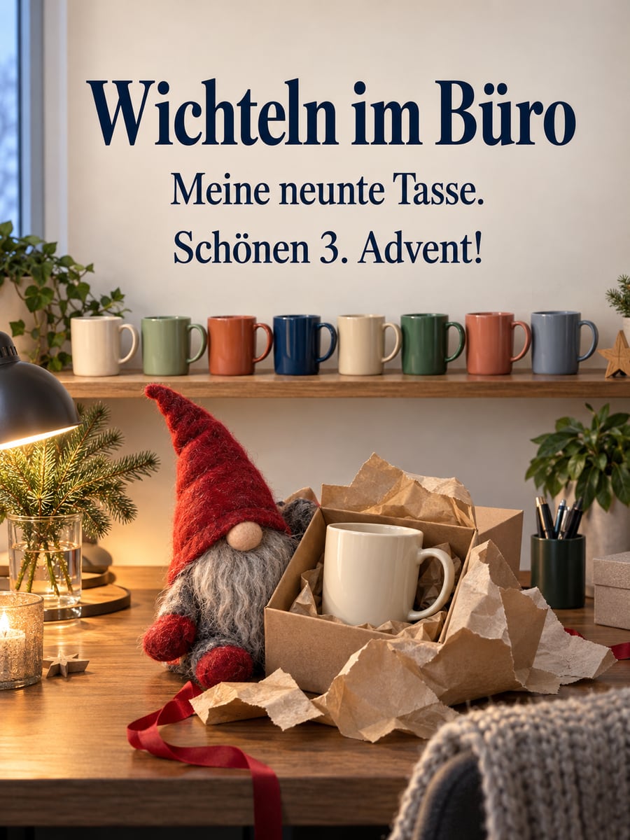 Bild zum 3. Advent mit dem Text „Wichteln im Büro“ und „Meine neunte Tasse. Schönen 3. Advent!“ – Motiv: Wichteln, Wichtel, Tassen, Büro
