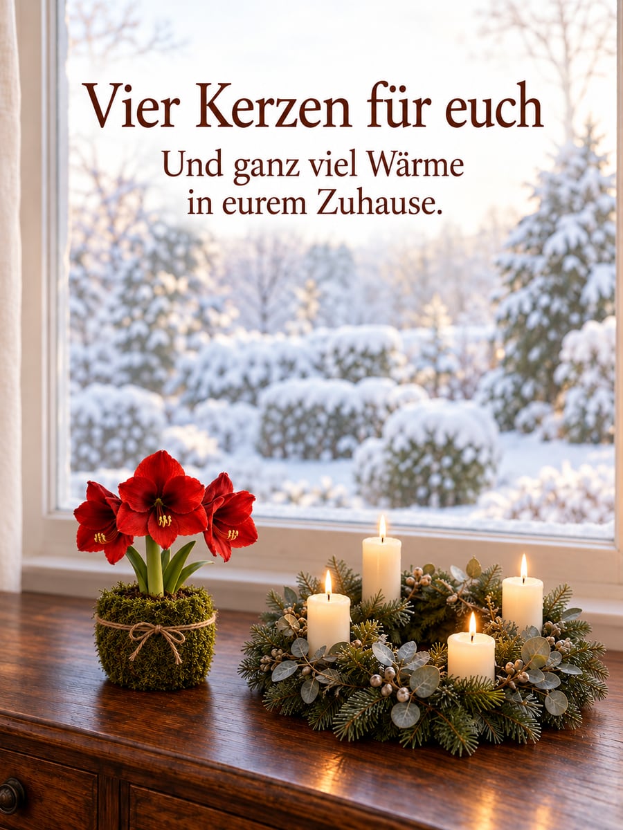Bild zum 4. Advent mit dem Text „Vier Kerzen für euch“ und „Und ganz viel Wärme in eurem Zuhause.“ – Motiv: Amaryllis, Adventskranz, Kerze