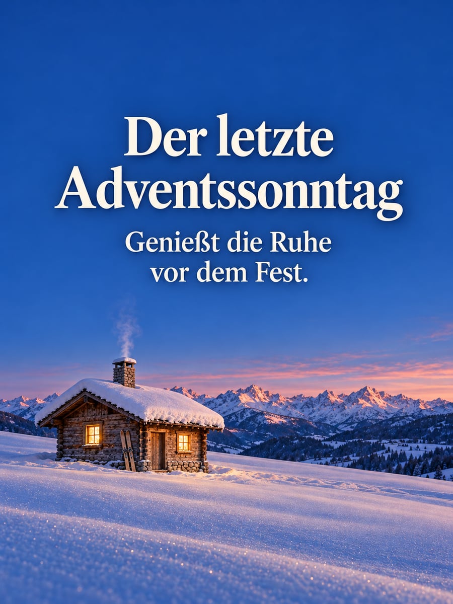 Bild zum 4. Advent mit dem Text „Der letzte Adventssonntag“ und „Genießt die Ruhe vor dem Fest.“ – Motiv: Berghütte, Winterlandschaft, Schnee, Blaue Stunde