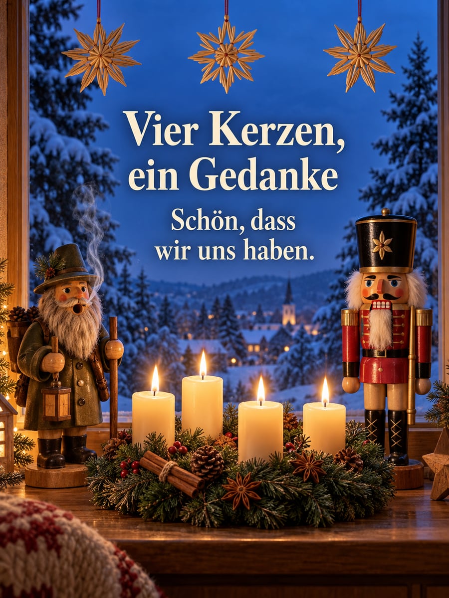 Bild zum 4. Advent mit dem Text „Vier Kerzen, ein Gedanke“ und „Schön, dass wir uns haben.“ – Motiv: Räuchermännchen, Nussknacker, Adventskranz, Strohstern