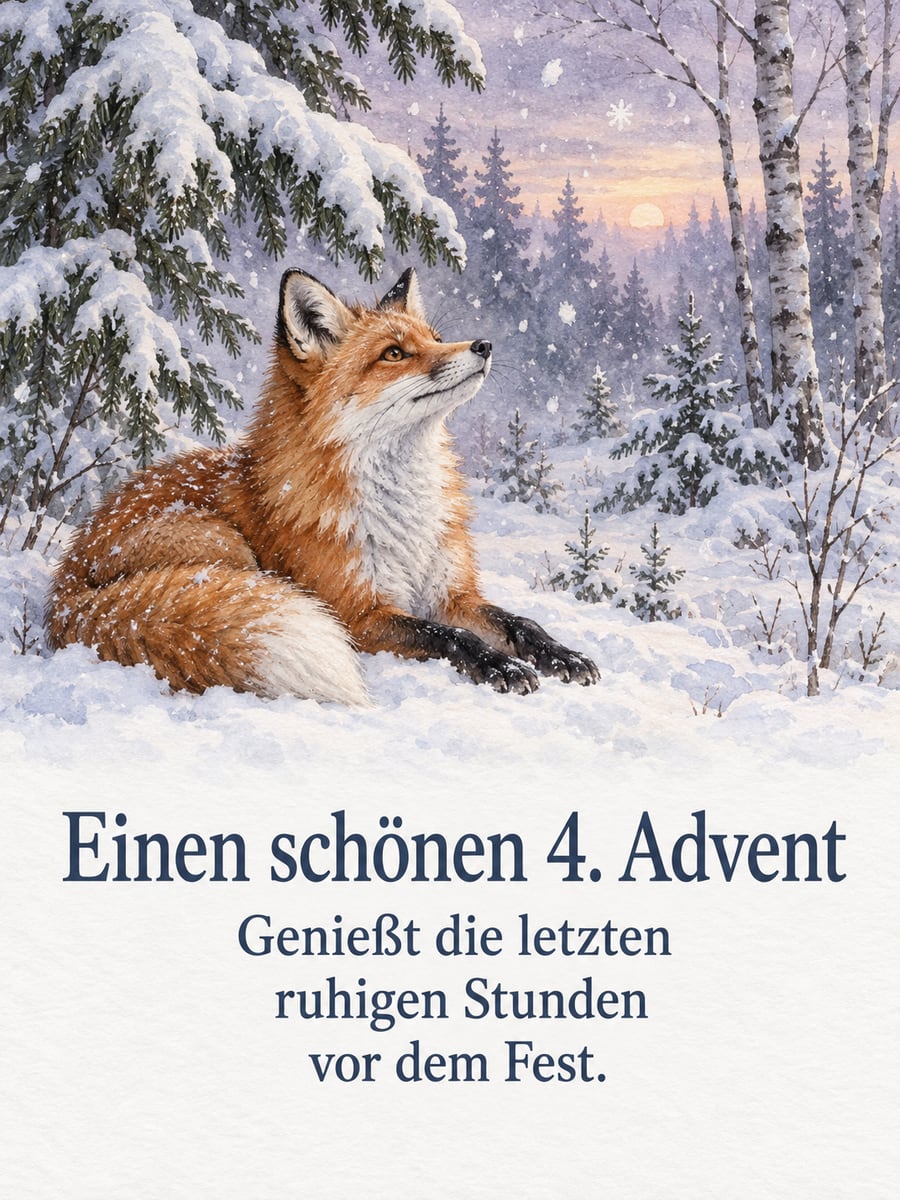 Bild zum 4. Advent mit dem Text „Einen schönen 4. Advent“ und „Genießt die letzten ruhigen Stunden vor dem Fest.“ – Motiv: Fuchs, Winterwald, Schnee