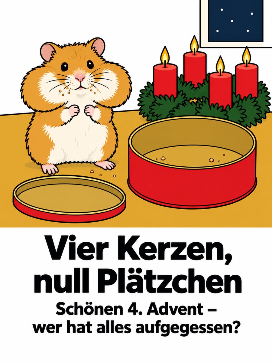 Bild zum 4. Advent mit dem Text „Vier Kerzen, null Plätzchen“ und „Schönen 4. Advent – wer hat alles aufgegessen?“ – Motiv: Hamster, Plätzchendose, Krümel, Adventskranz