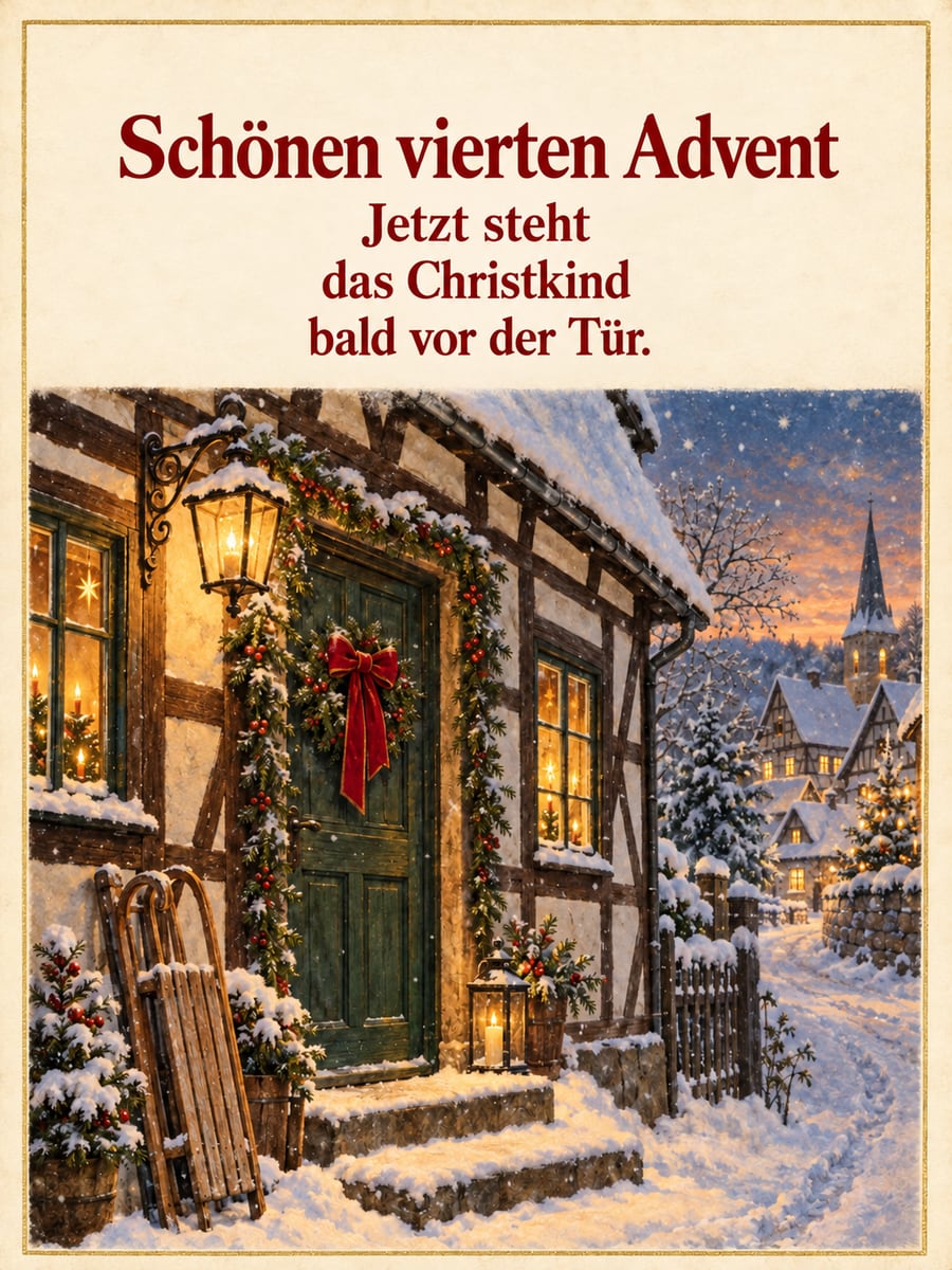 Bild zum 4. Advent mit dem Text „Schönen vierten Advent“ und „Jetzt steht das Christkind bald vor der Tür.“ – Motiv: Fachwerkhaus, Haustür, Laterne, Schnee