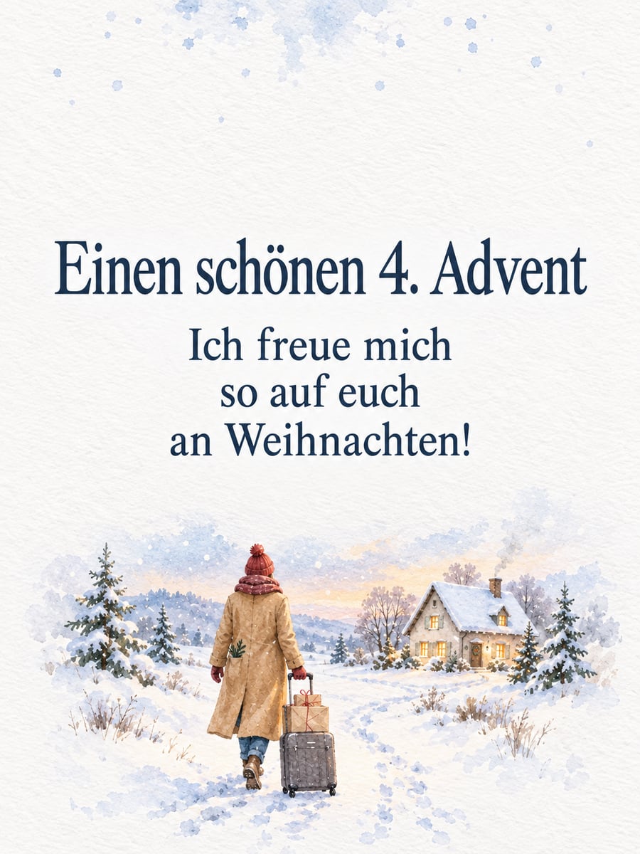 Bild zum 4. Advent mit dem Text „Einen schönen 4. Advent“ und „Ich freue mich so auf euch an Weihnachten!“ – Motiv: Heimreise, Geschenke, Winter