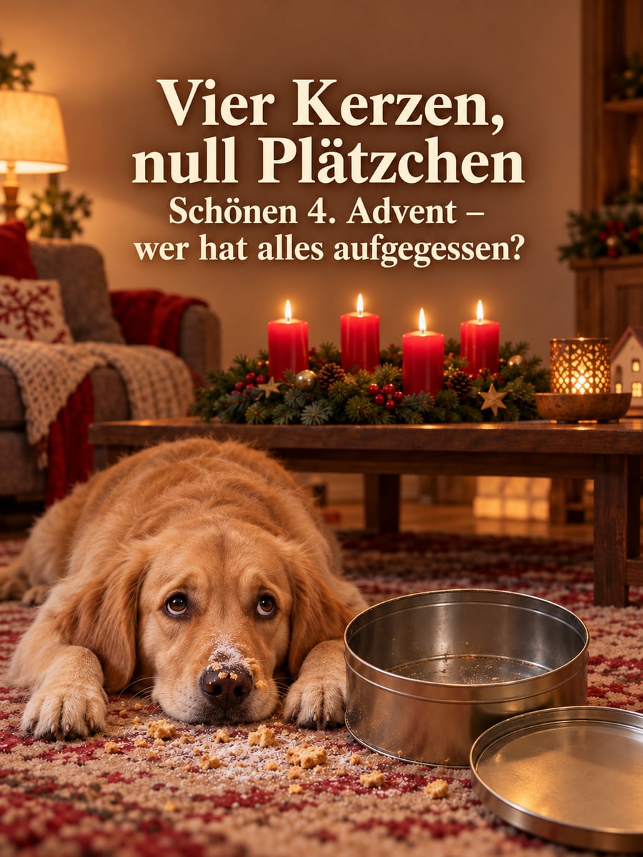 Bild zum 4. Advent mit dem Text „Vier Kerzen, null Plätzchen“ und „Schönen 4. Advent – wer hat alles aufgegessen?“ – Motiv: Hund, Golden Retriever, Plätzchendose, Adventskranz