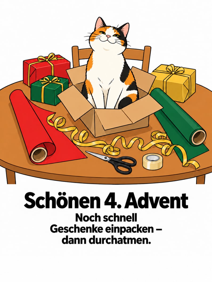Bild zum 4. Advent mit dem Text „Schönen 4. Advent“ und „Noch schnell Geschenke einpacken – dann durchatmen.“ – Motiv: Katze, Geschenke, Geschenkpapier