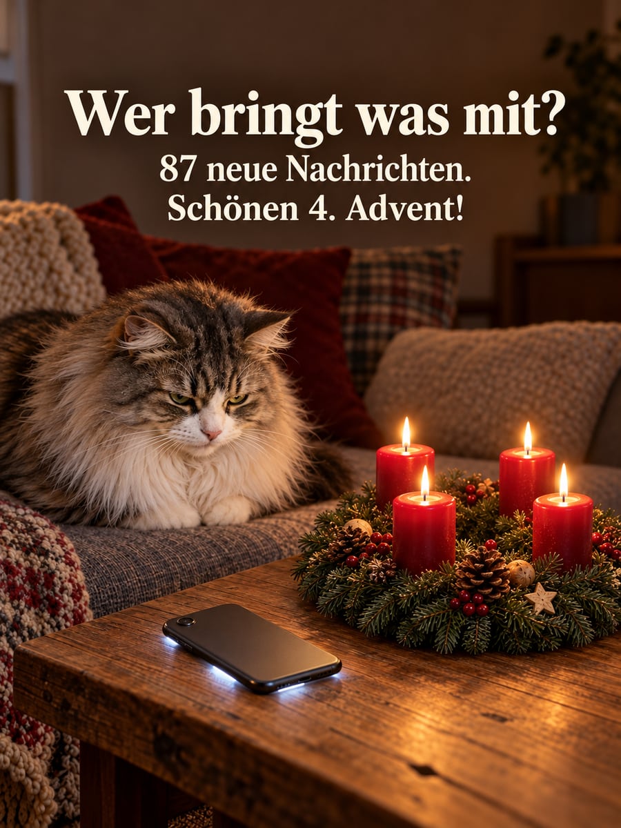 Bild zum 4. Advent mit dem Text „Wer bringt was mit?“ und „87 neue Nachrichten. Schönen 4. Advent!“ – Motiv: Katze, Norwegische Waldkatze, Handy, Adventskranz