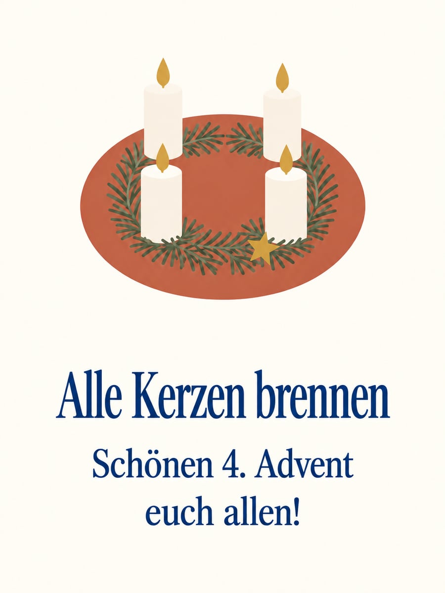 Bild zum 4. Advent mit dem Text „Alle Kerzen brennen“ und „Schönen 4. Advent euch allen!“ – Motiv: Adventskranz, Kerze, Modern