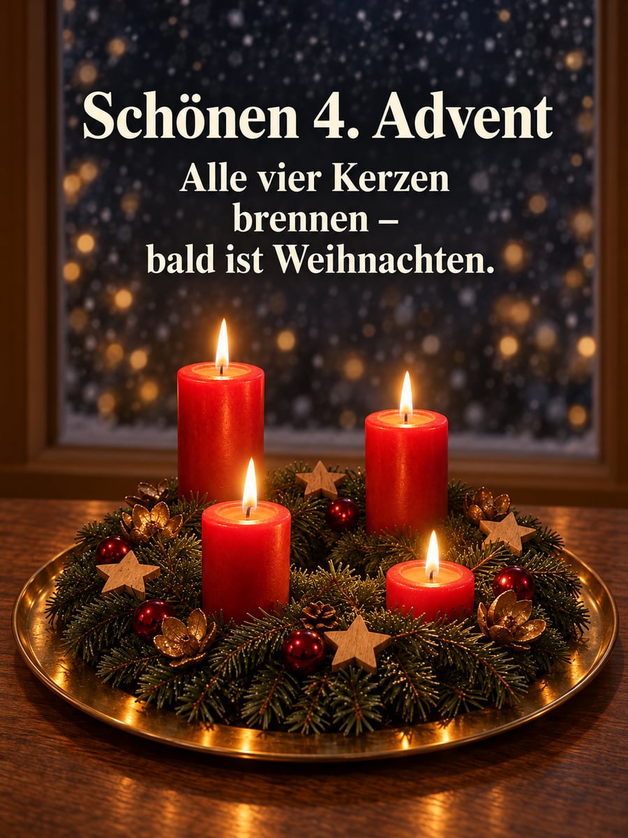 Bild zum 4. Advent mit dem Text „Schönen 4. Advent“ und „Alle vier Kerzen brennen – bald ist Weihnachten.“ – Motiv: Adventskranz, Kerze, Holzsterne, Christbaumkugeln