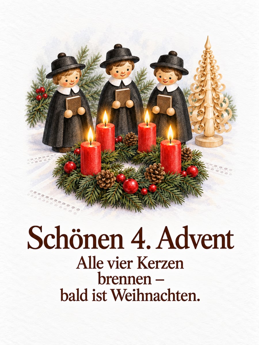 Bild zum 4. Advent mit dem Text „Schönen 4. Advent“ und „Alle vier Kerzen brennen – bald ist Weihnachten.“ – Motiv: Kurrende, Erzgebirge, Spanbaum, Adventskranz