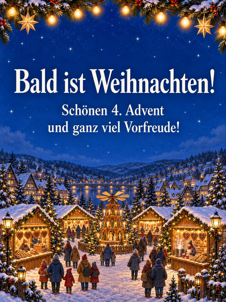 Bild zum 4. Advent mit dem Text „Bald ist Weihnachten!“ und „Schönen 4. Advent und ganz viel Vorfreude!“ – Motiv: Weihnachtsmarkt, Weihnachtspyramide, gebrannte Mandeln